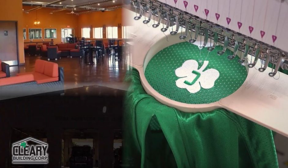 Cleary shamrock being embroidered on a piece of green cloth.
