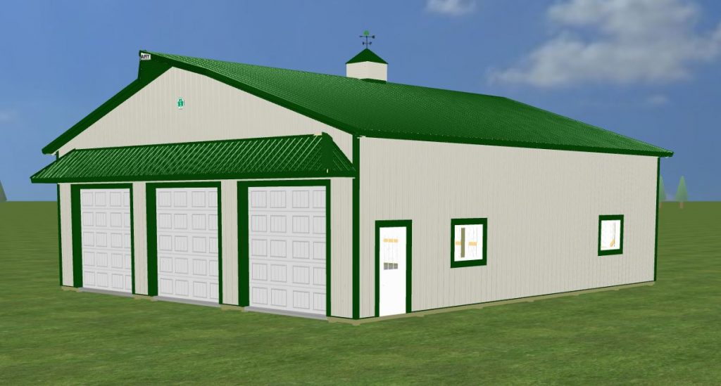 3D rendering of a second Cleary building. It features three overhead doors.