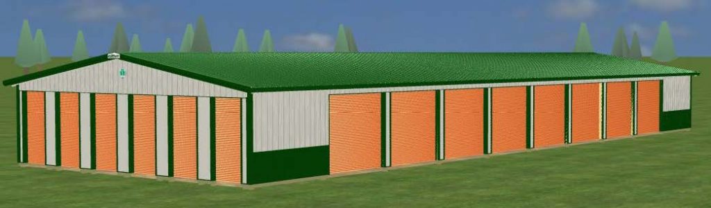 3D rendering of a Cleary building. It has many orange overhead doors.