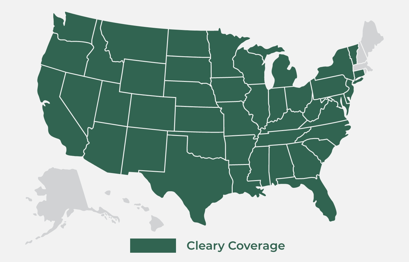 map of the USA, with states highlighted that have cleary coverage