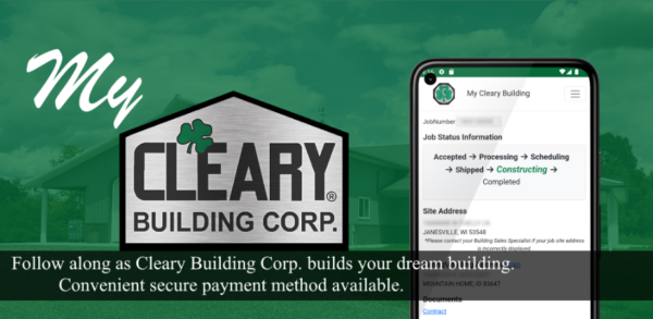 App banner says "Follow along as Cleary Building Corp. builds your dream building. Convenient secure payment method available."