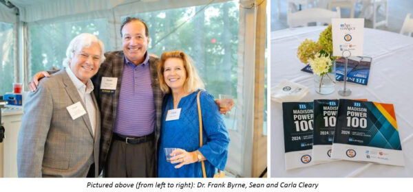 Dr. Frank Byrne and Sean and Carla Cleary on the right side, Madison Power 100 programs laid out on a table on the left