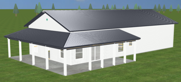 3D rendering of 128,000th building sold. It is a white post frame building with wrapped or hip porch