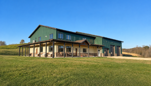 Green and Tan Two Story Barndominium 